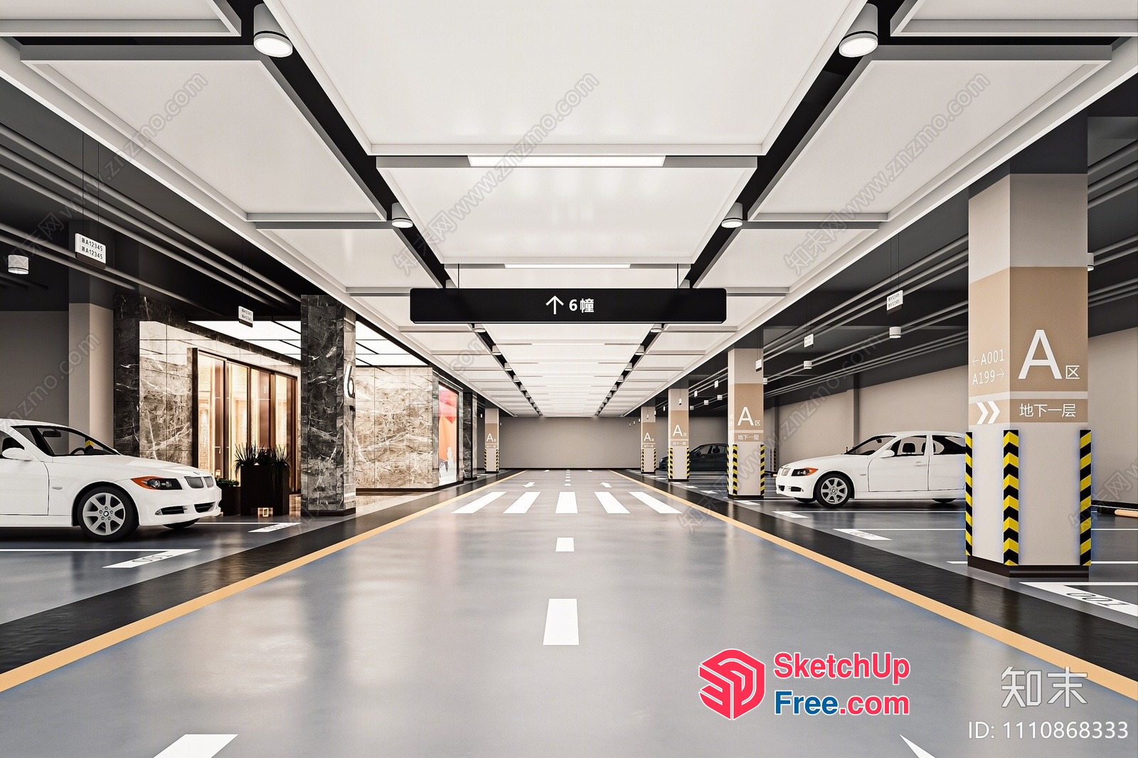 Modern Garage Interior With White Cars And Pillars 3D SketchUp File