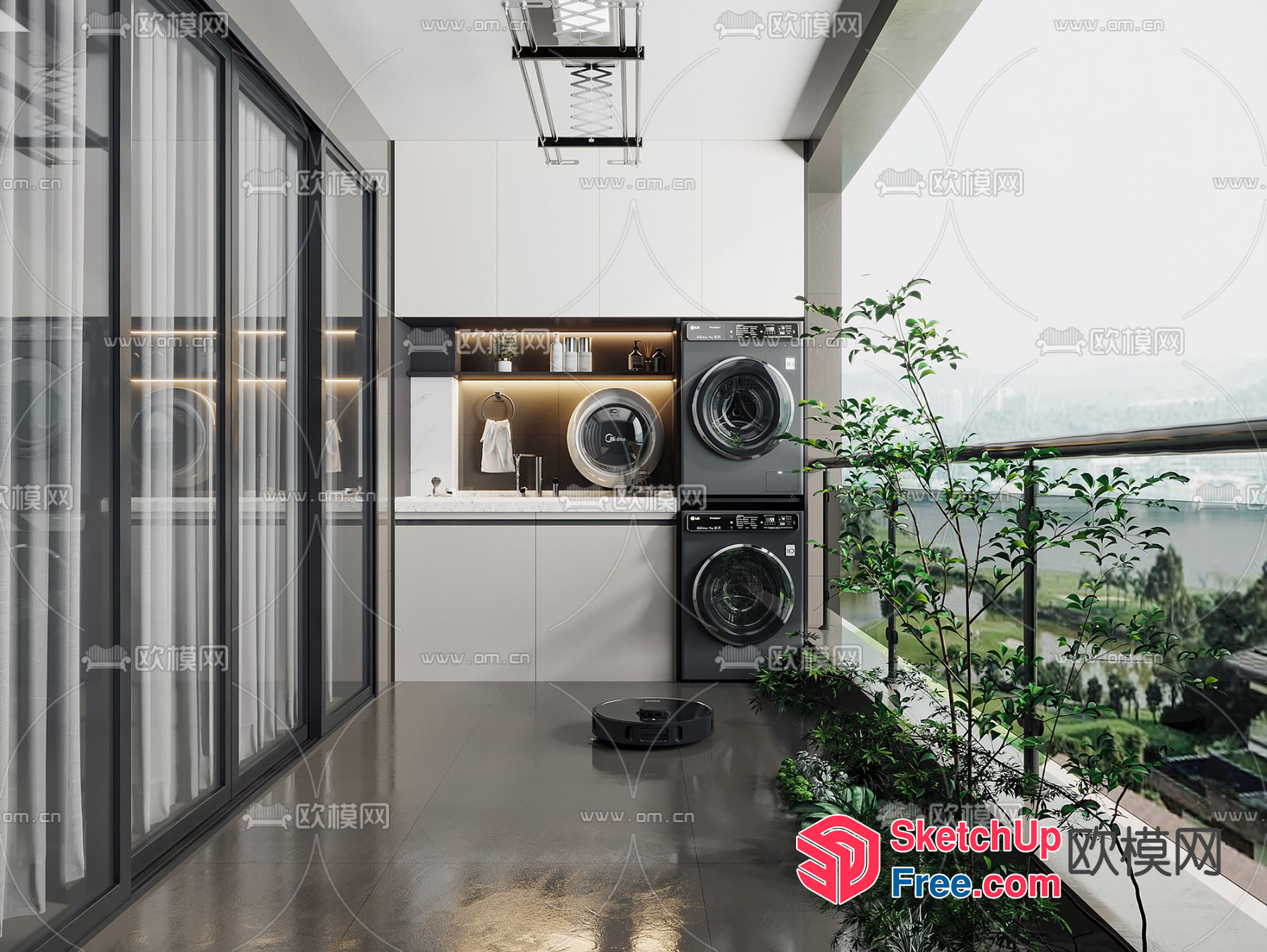Modern Balcony With Laundry Facilities And A Serene View 3D SketchUp File
