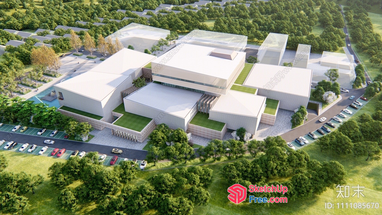 Large Modern Building With Parking Lot And Greenery 3D SketchUp File