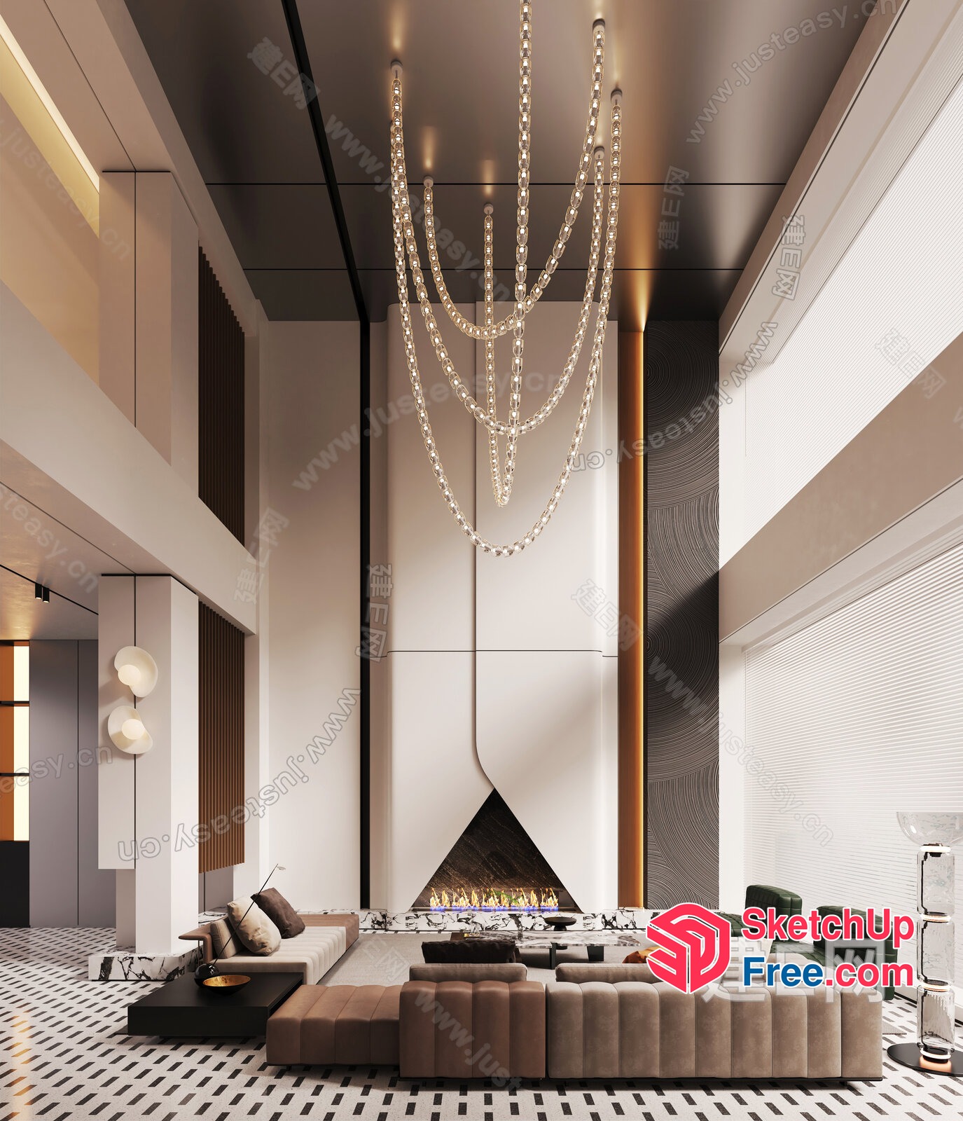 Luxurious Modern Living Room With High Ceiling And Fireplace 3D SketchUp File
