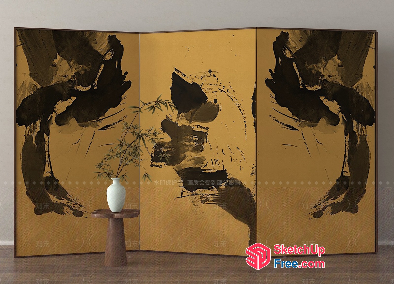 Elegant Japanese-Style Room Divider With Abstract Art 3D SketchUp File