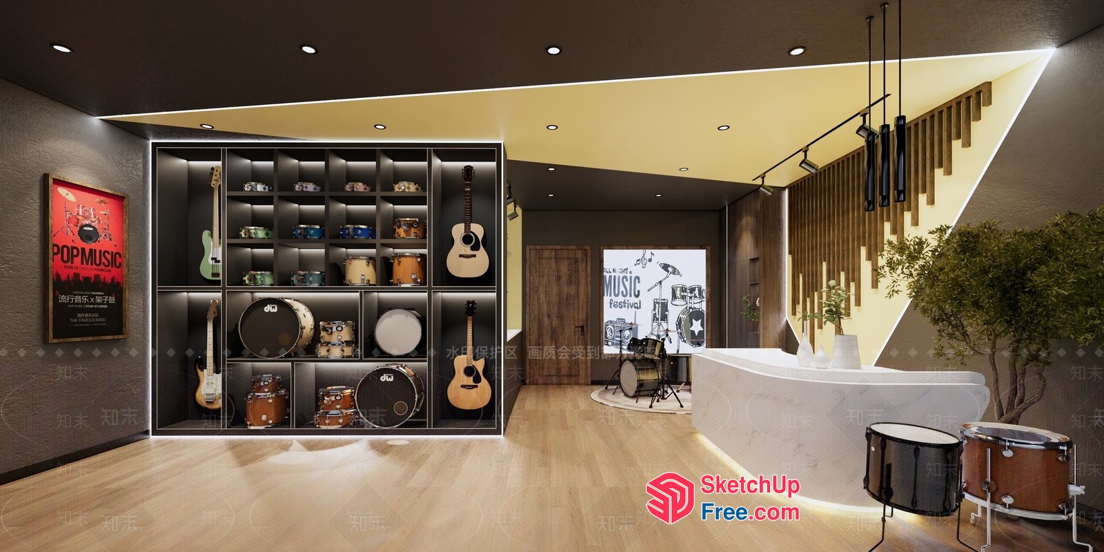 Modern Music Studio Interior With Musical Instruments 3D SketchUp File