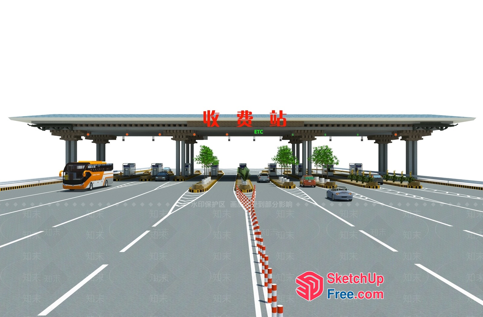 Toll Plaza With Vehicles And Bus 3D SketchUp File