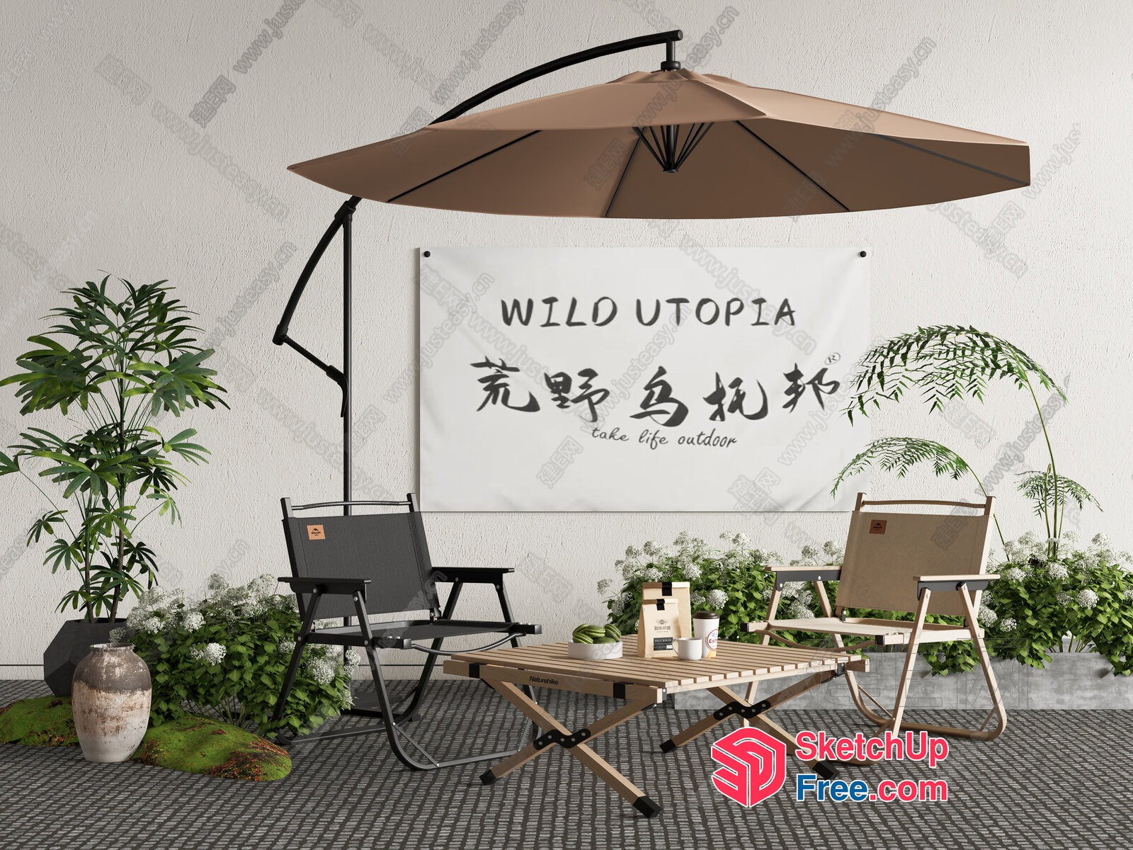 Outdoor Seating Area With Plants And Table 3D SketchUp File