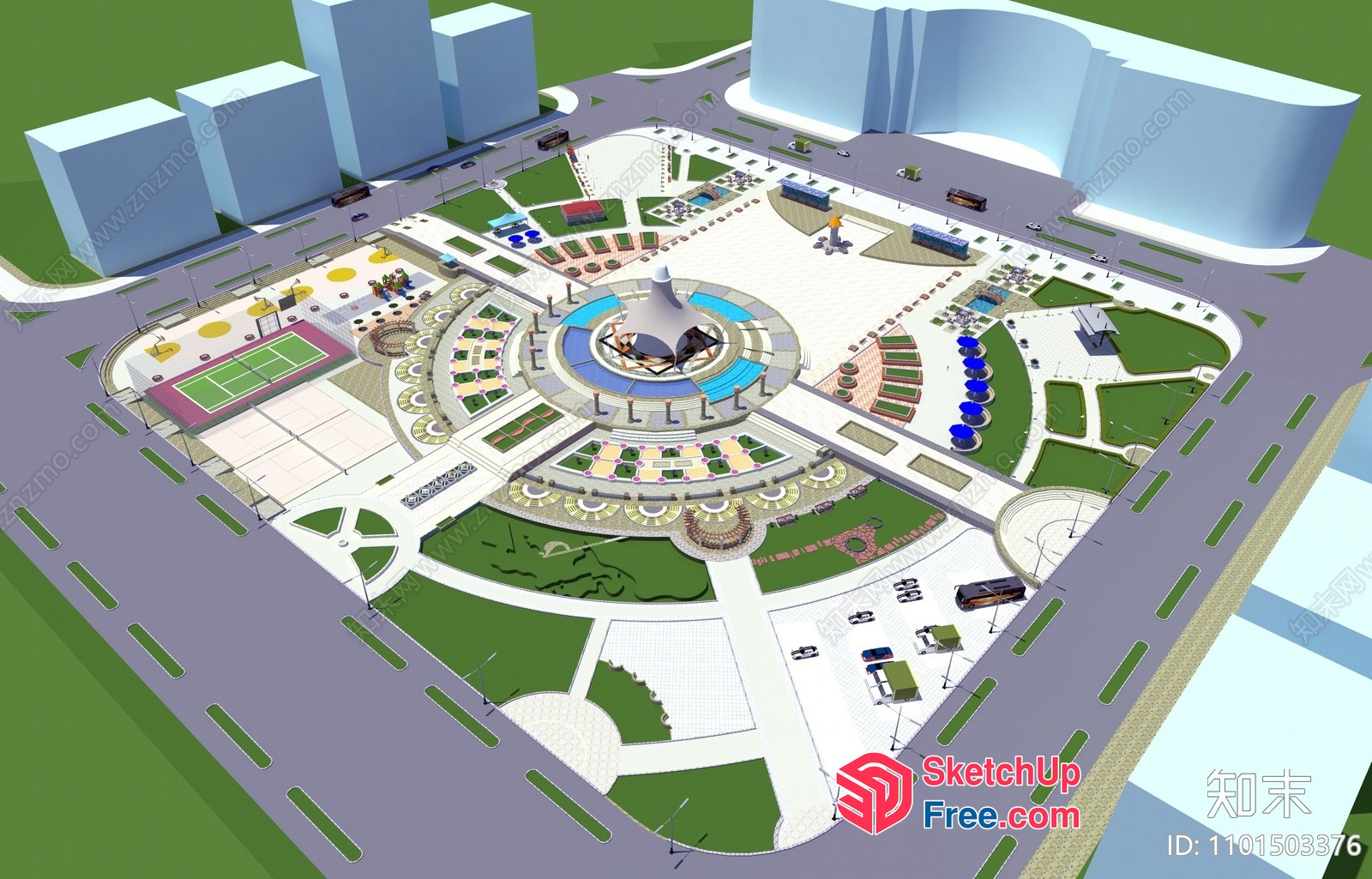 Aerial View Of A Modern Urban Park With Various Amenities 3D SketchUp File