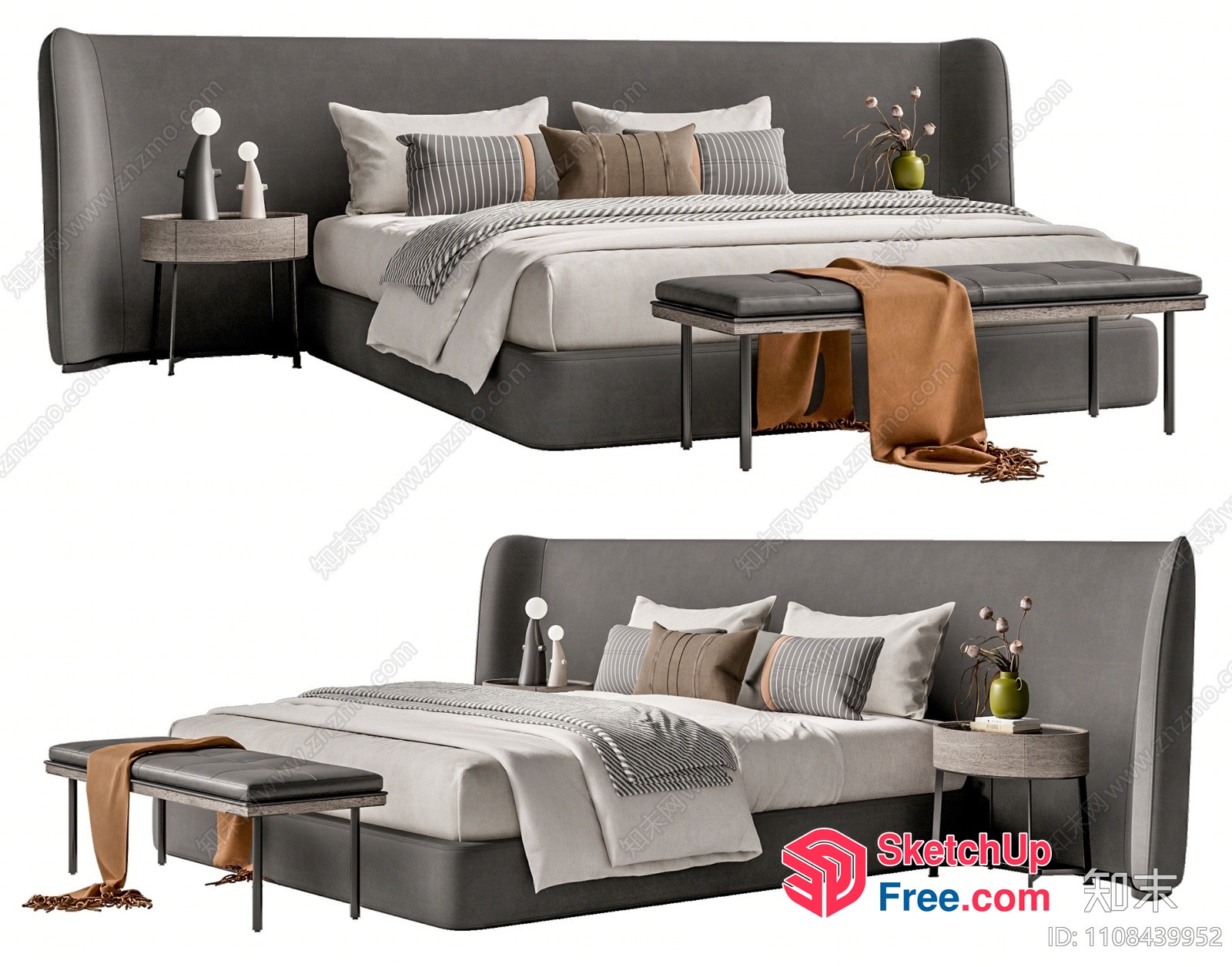 Modern Minimalist Bed And Bedside Table Set 3D SketchUp File