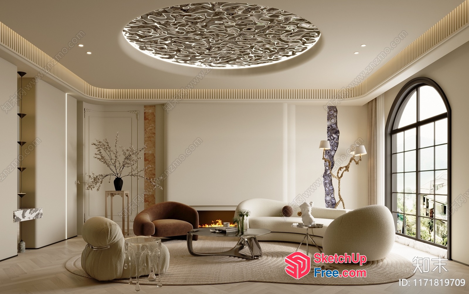 Modern Living Room With Elegant Ceiling Detail And Fireplace 3D SketchUp File