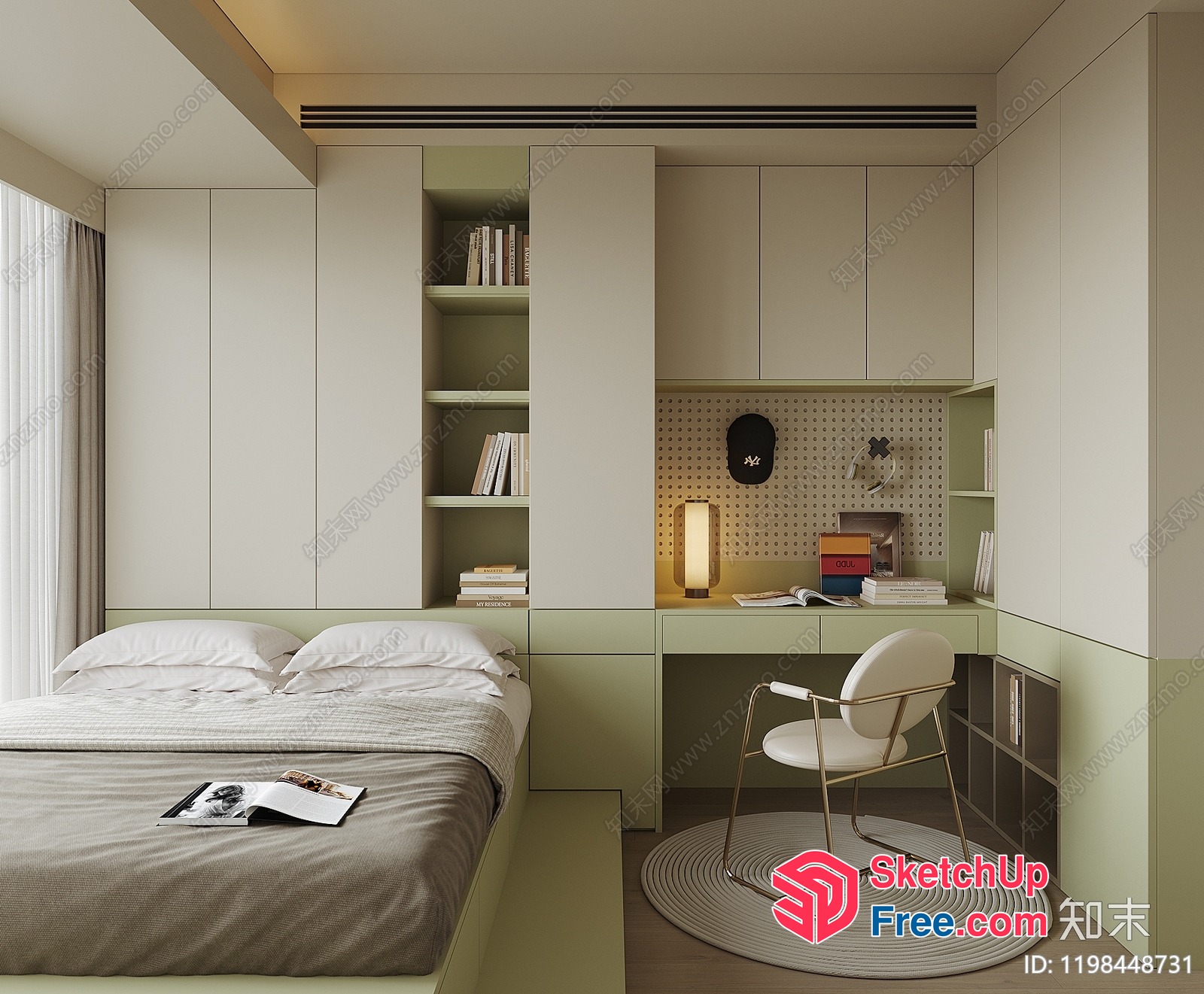 Minimalist Scandinavian Style Bedroom With Built-In Shelving 3D SketchUp File