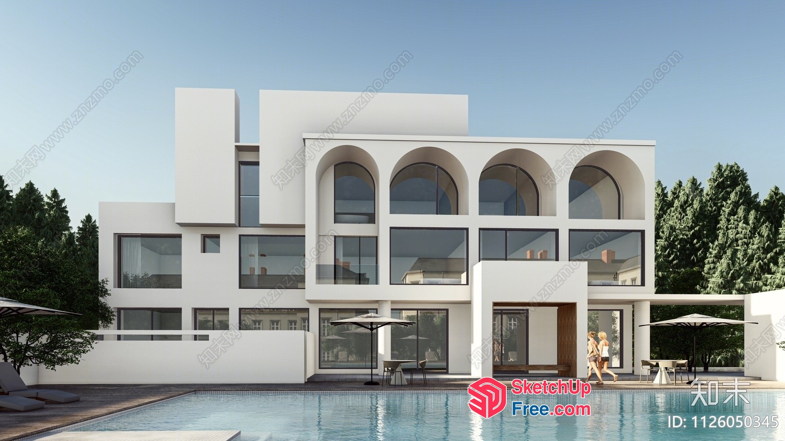Modern Villa With Large Windows And Arched Details 3D SketchUp File