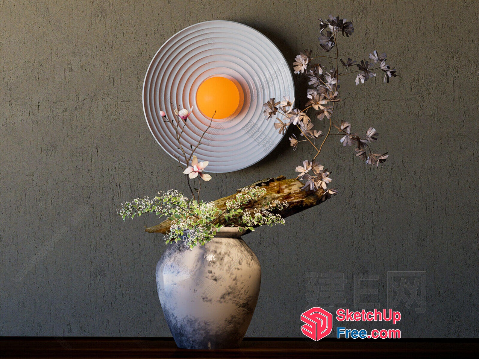 Japanese-Style Decorative Wall Plate With Floral Arrangement 3D SketchUp File