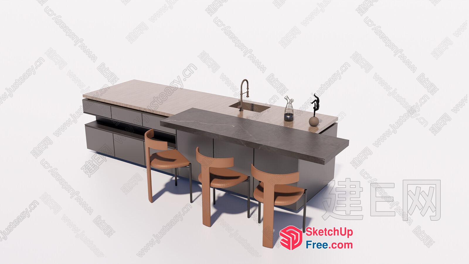 Modern Kitchen Island With Bar Stools 3D SketchUp File