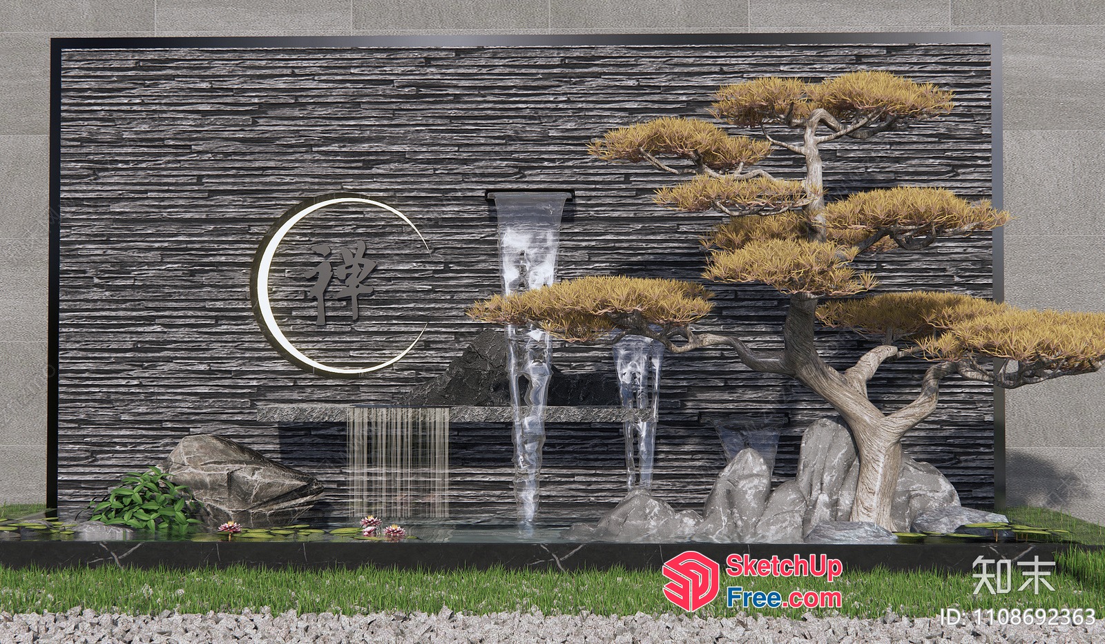 Japanese-Style Water Feature With Tree And Moon 3D SketchUp File