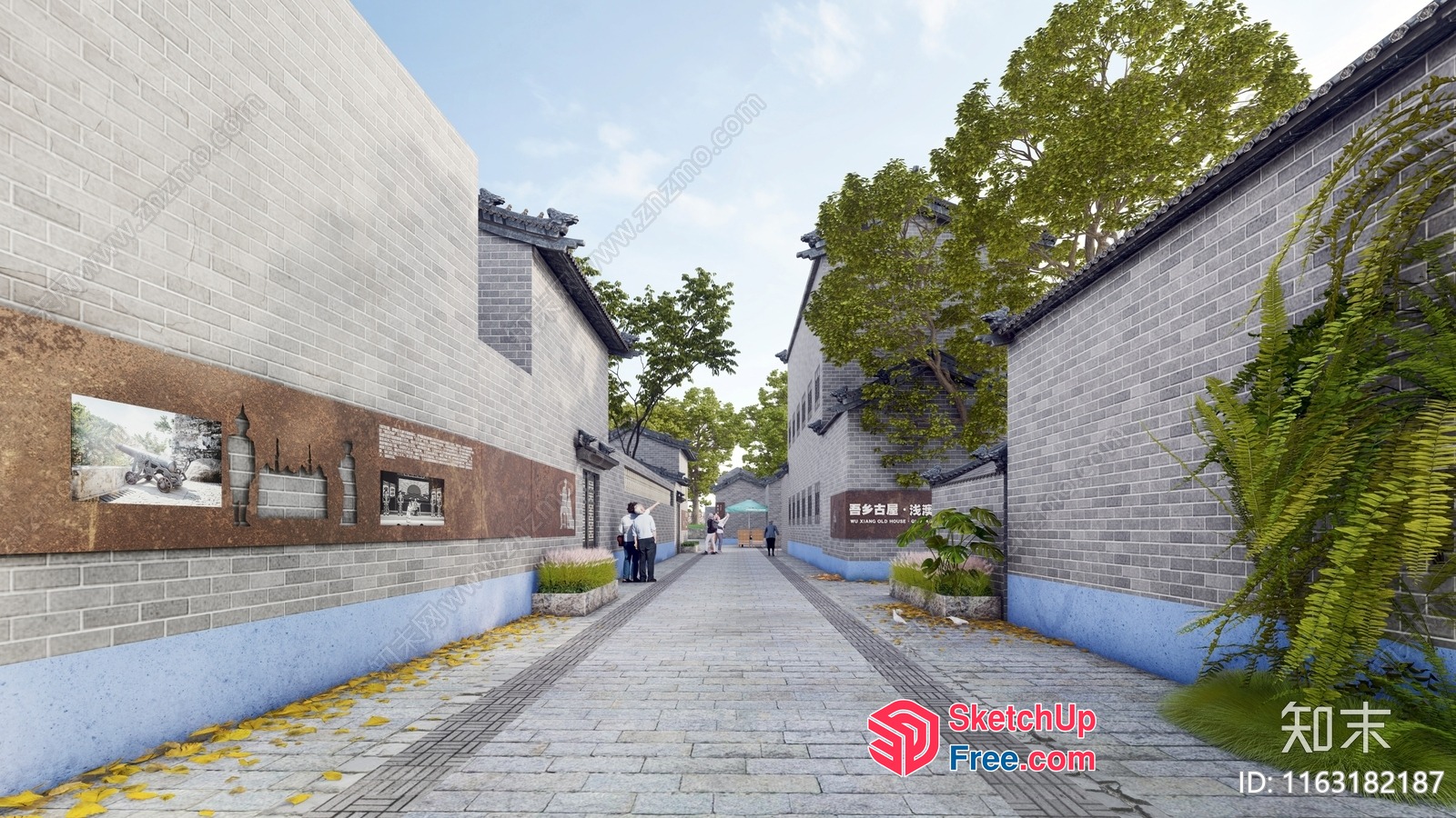 Narrow Cobblestone Street Between Traditional Chinese Buildings 3D SketchUp File