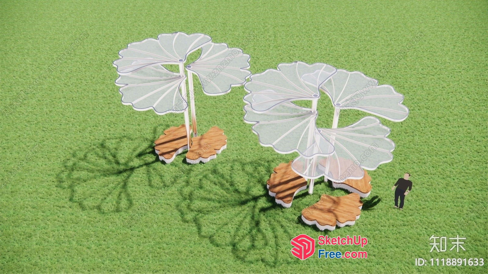Outdoor Seating Area With Large Umbrella And Wooden Benches 3D SketchUp File