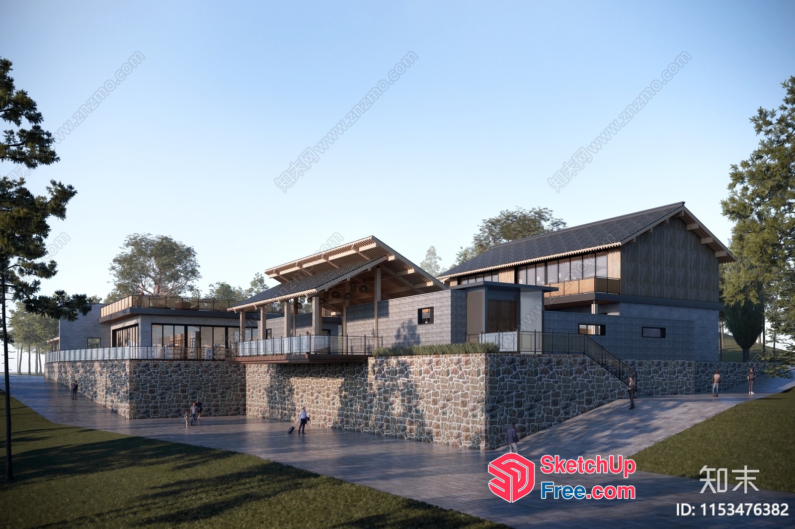 Large Stone Building With Balconies And Stairs 3D SketchUp File