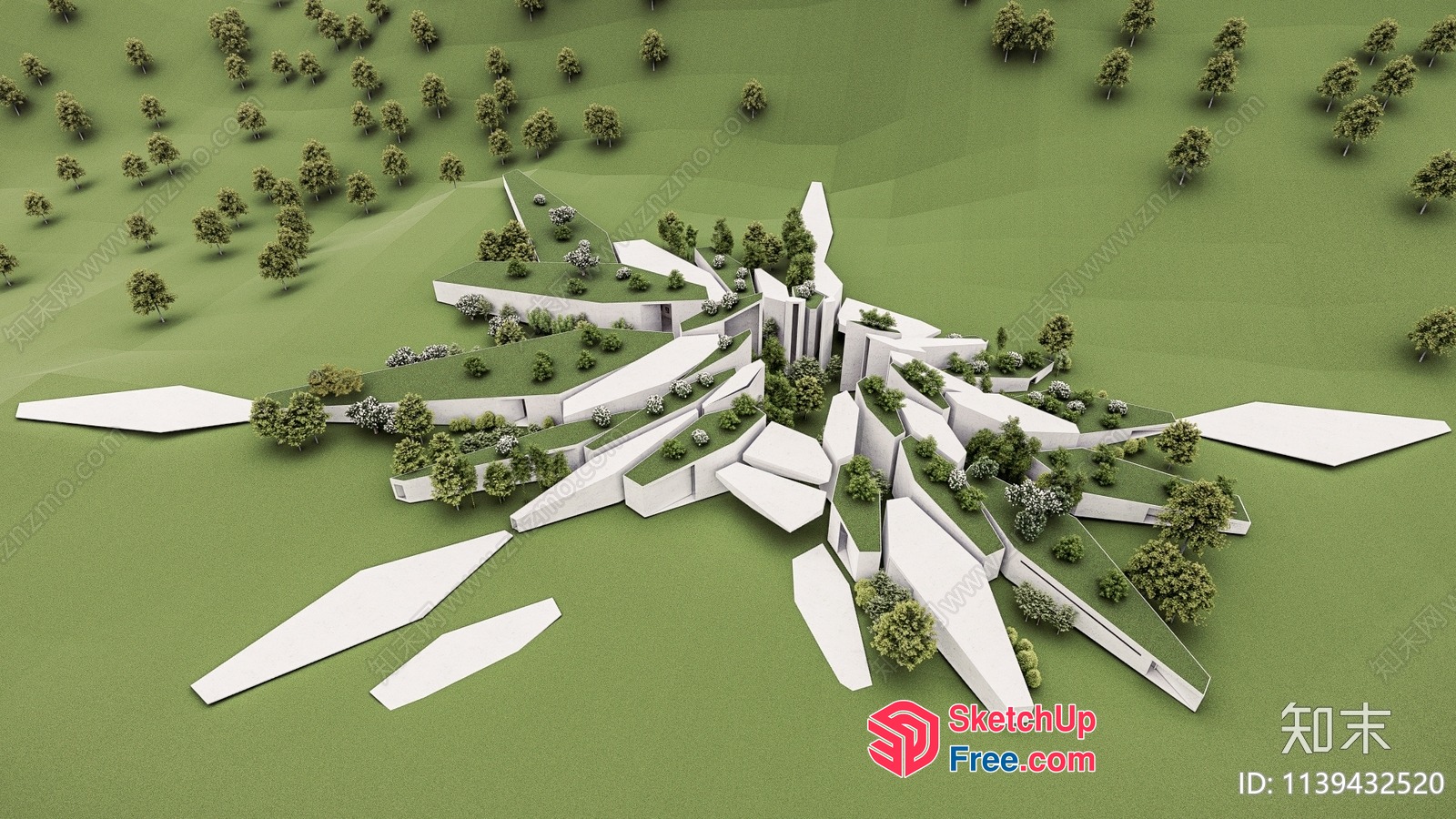 Futuristic White Modern Building With Greenery 3D SketchUp File