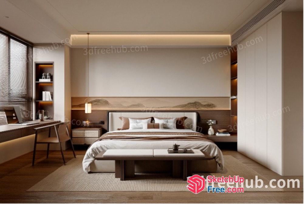 Minimalist Bedroom Interior With Bed And Desk 3D SketchUp File