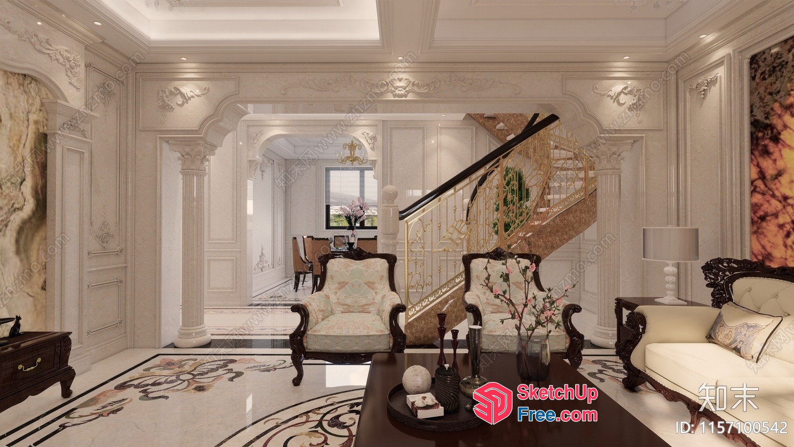 Luxurious European-Style Living Room With Ornate Staircase 3D SketchUp File