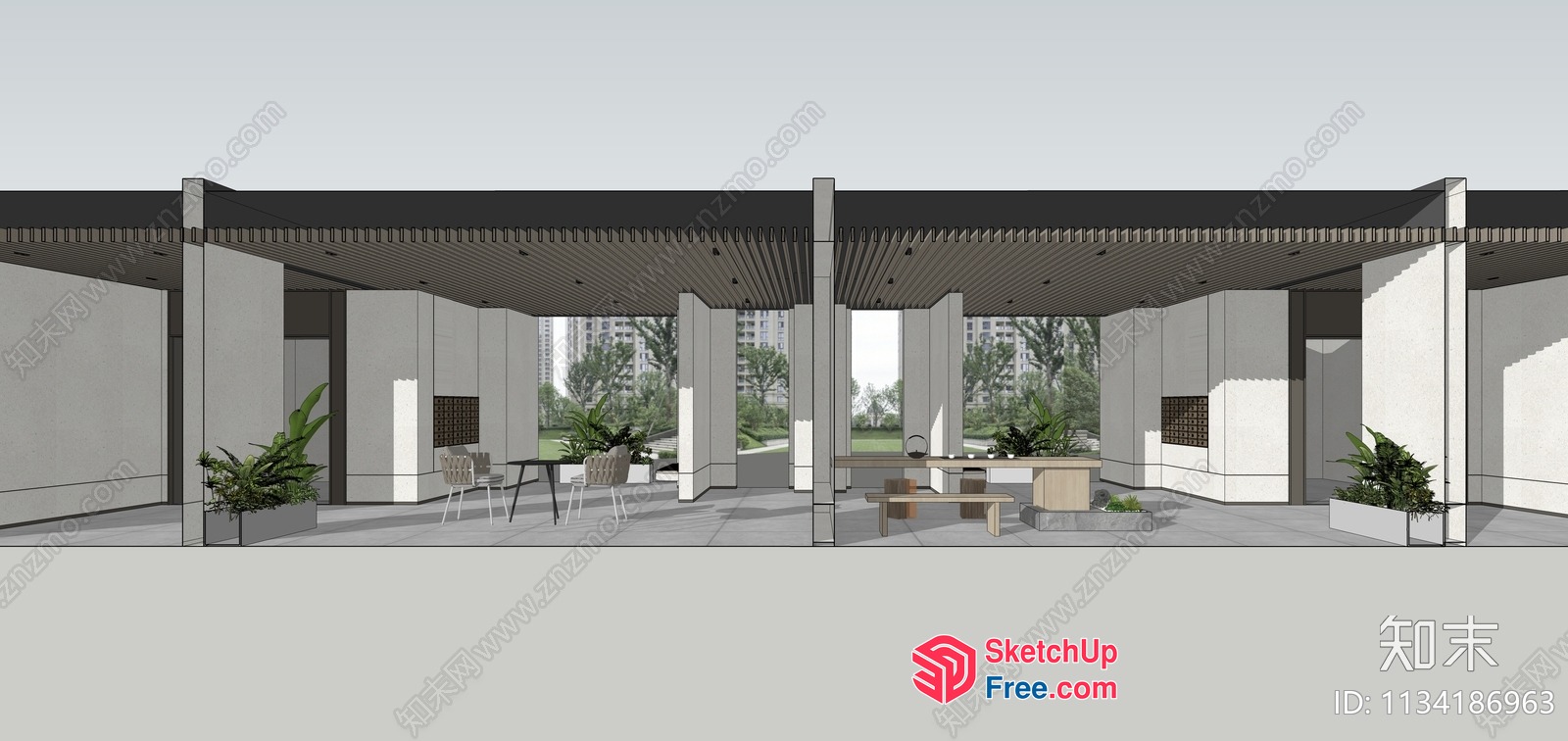 Exterior Courtyard With Potted Plants And Outdoor Seating 3D SketchUp File