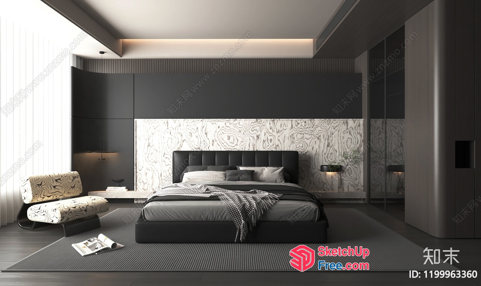 Minimalist Modern Luxury Bedroom With Marble Accent Wall 3D SketchUp File
