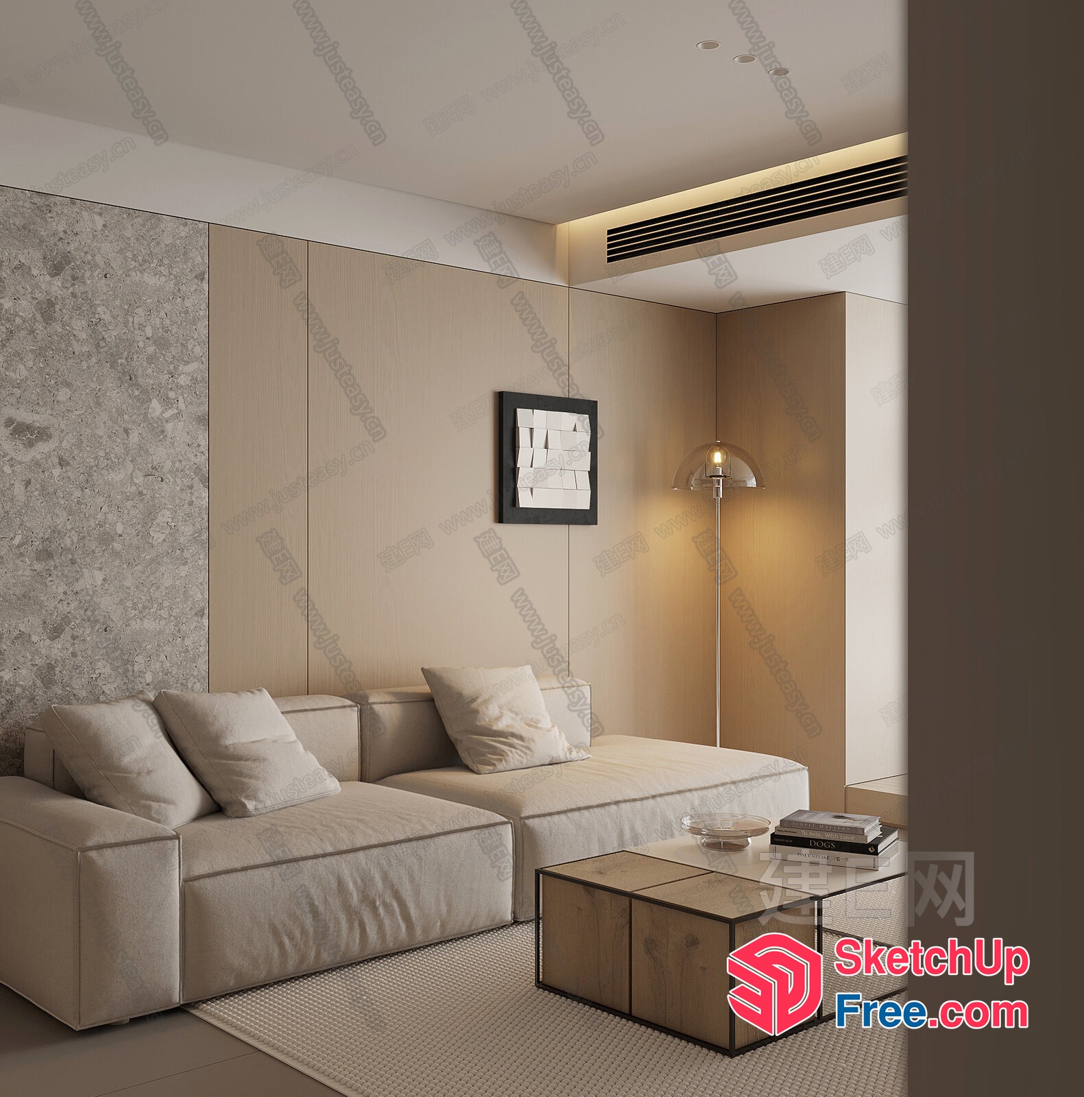Minimalist Creamy Style Living Room Interior 3D SketchUp File