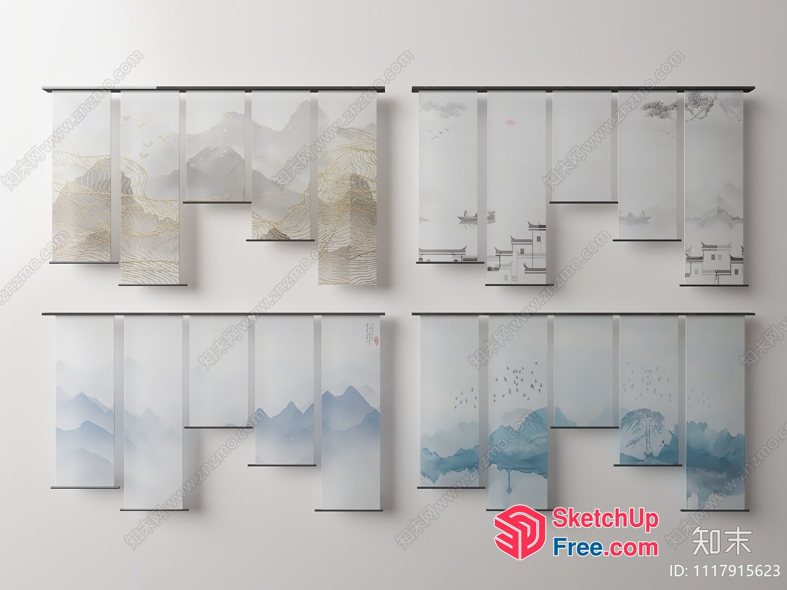 Asian-Inspired Wall Hangings With Subtle Mountain And River Themes 3D SketchUp File