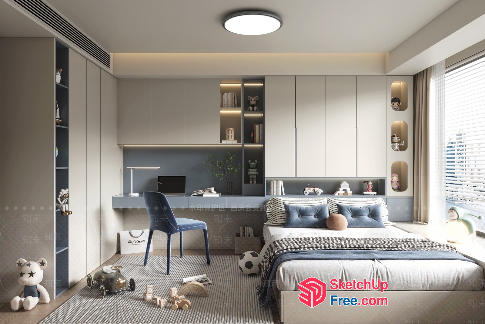 Modern Kids' Bedroom With Desk And Bed 3D SketchUp File
