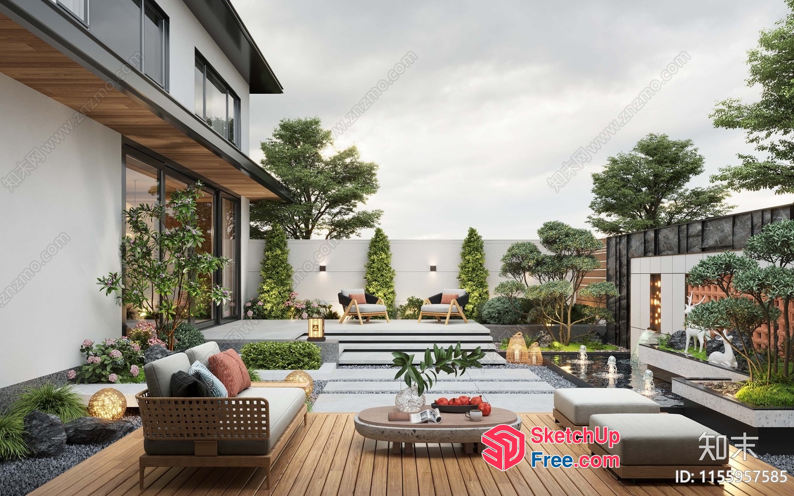 Modern Japanese-Inspired Outdoor Living Space With Water Feature 3D SketchUp File