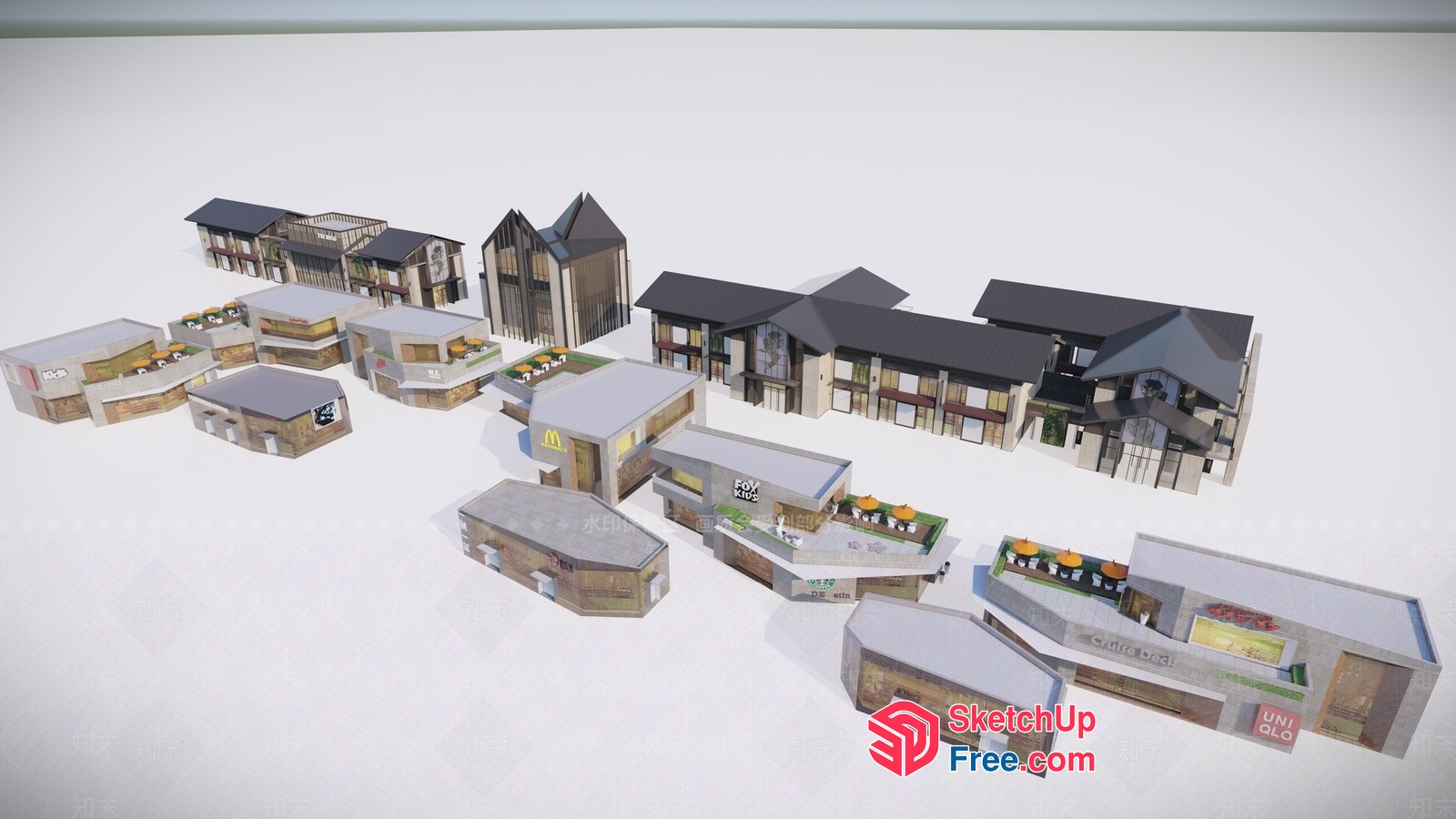 3D Model Of A Commercial Street With Various Buildings 3D SketchUp File
