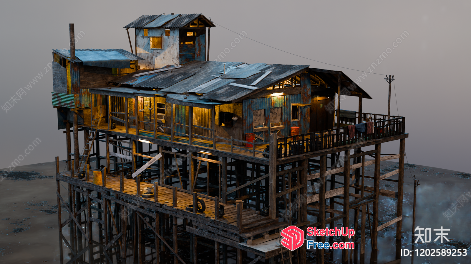 Dilapidated Wooden Structure With Rusty Metal Roof 3D SketchUp File