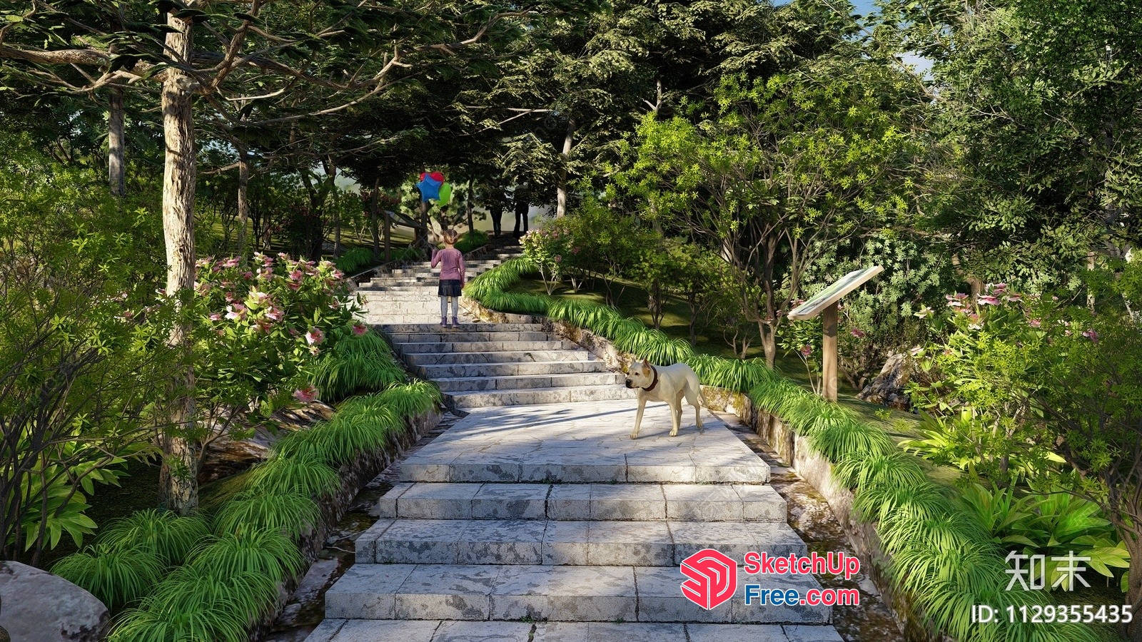 Stone Stairway With A Dog And A Child Walking Up 3D SketchUp File