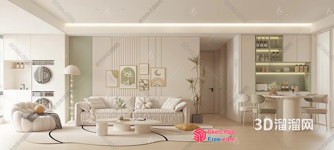Elegant White Modern Living Room And Dining Area 3D SketchUp File