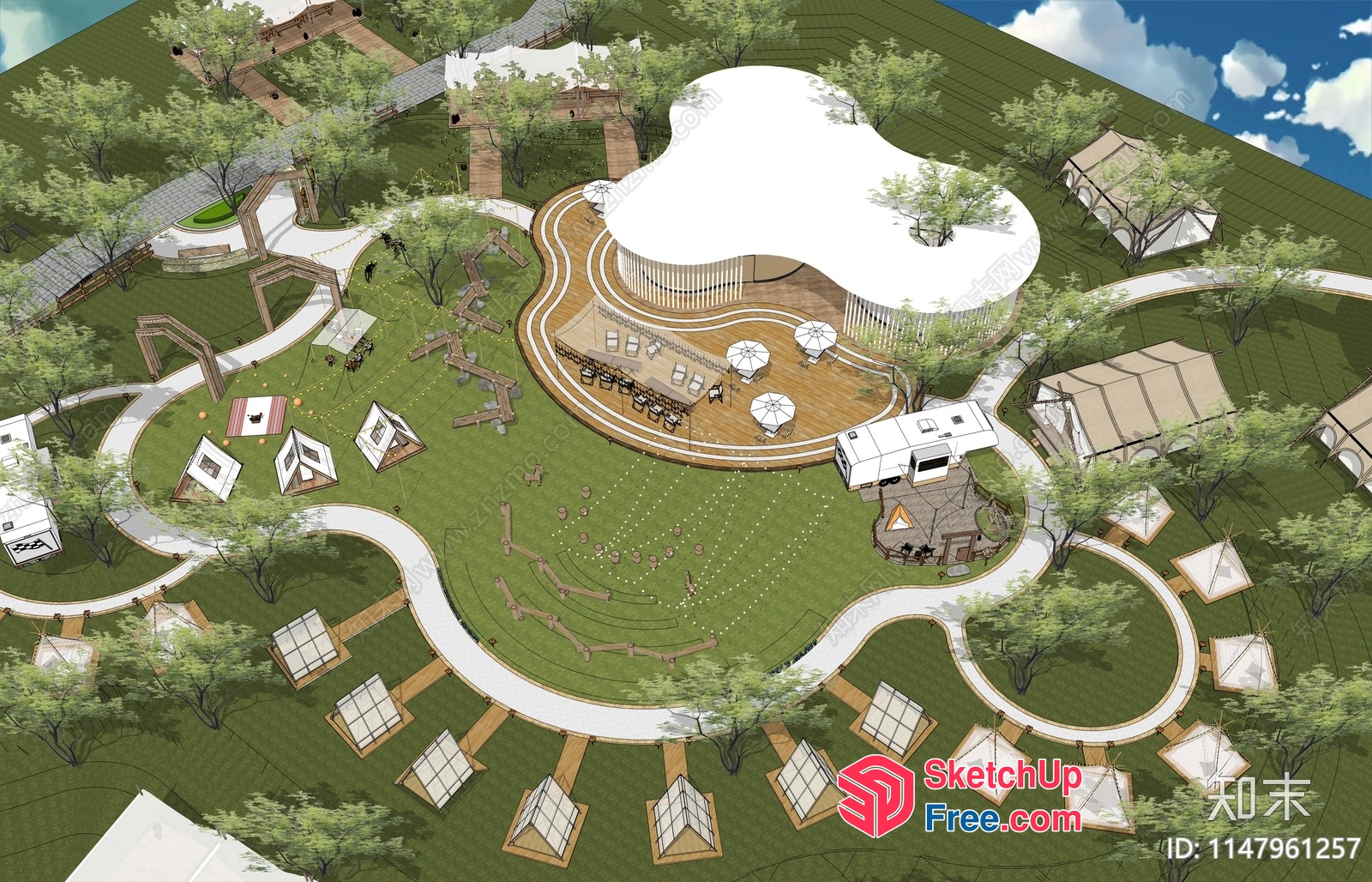 Park With Various Structures And Decorations 3D SketchUp File