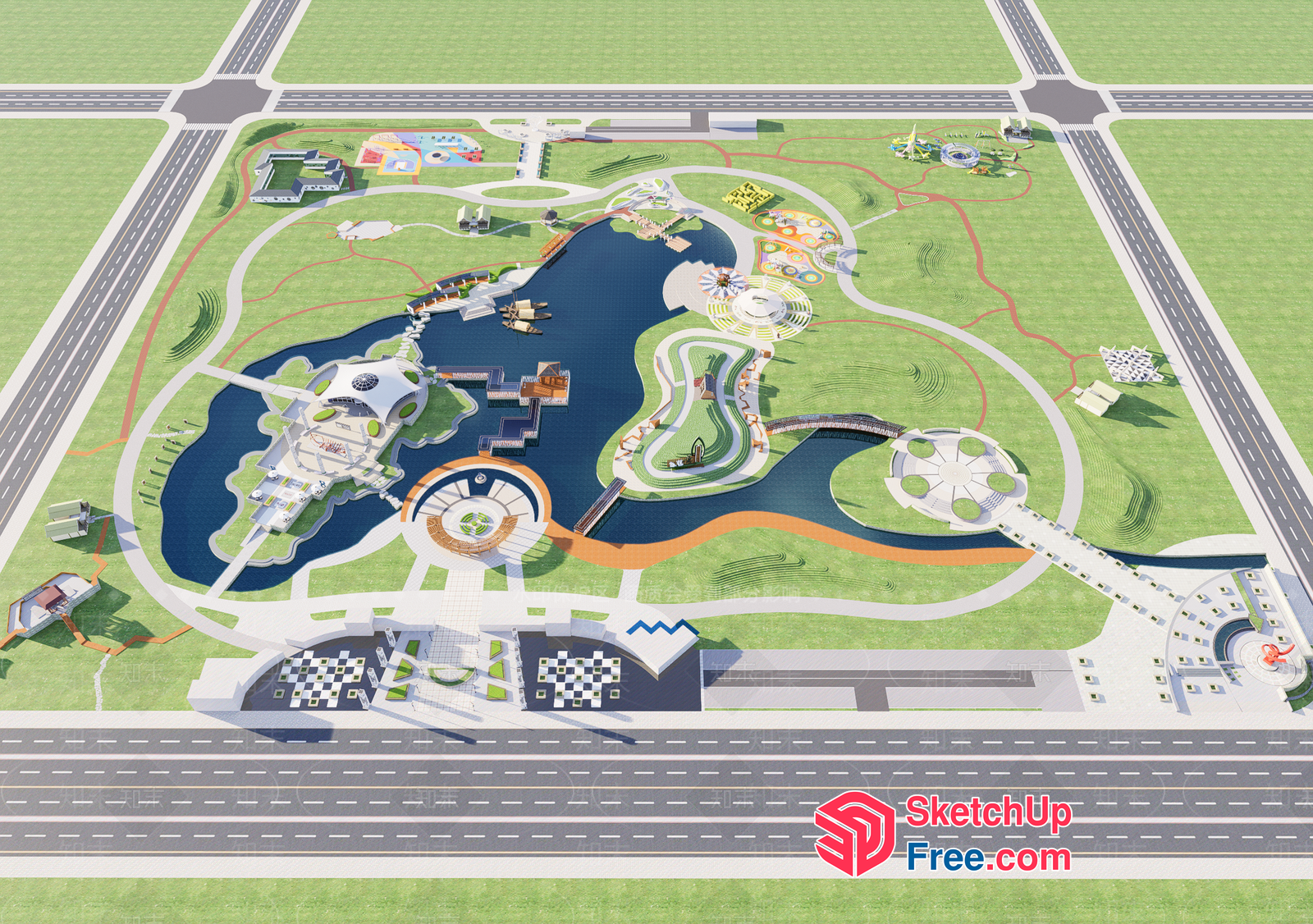Futuristic Cityscape With Lush Greenery And Water Features 3D SketchUp File
