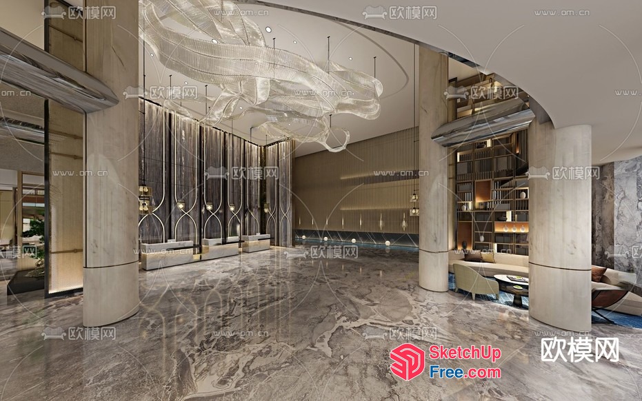 Modern Marble-Floored Interior With Pillars And Glass Ceiling 3D SketchUp File
