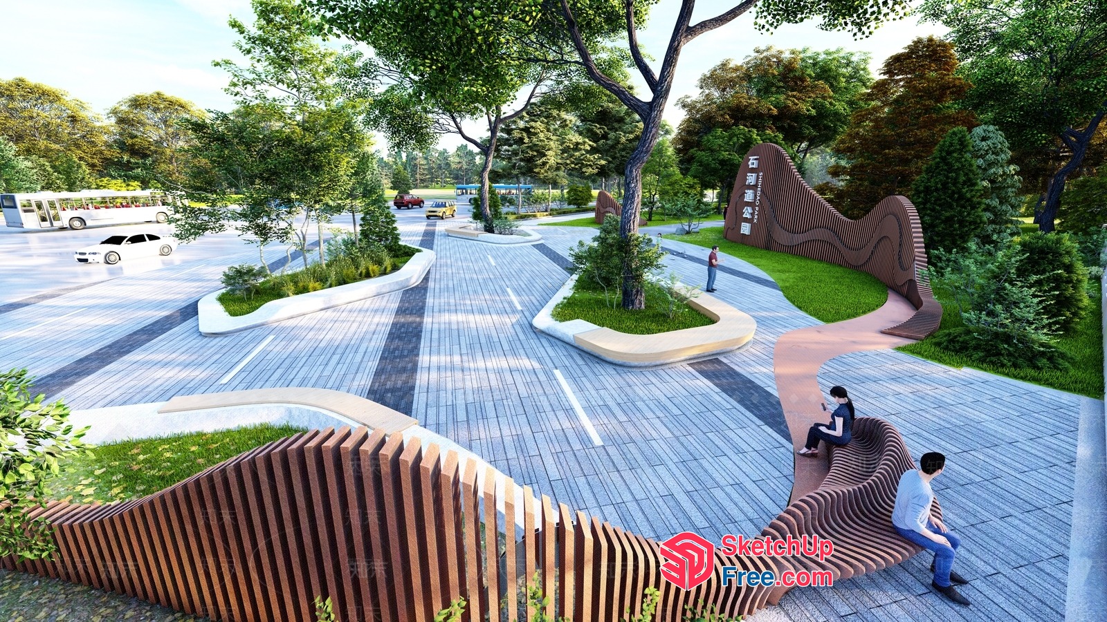 Modern Outdoor Seating Area With Unique Wooden Benches 3D SketchUp File