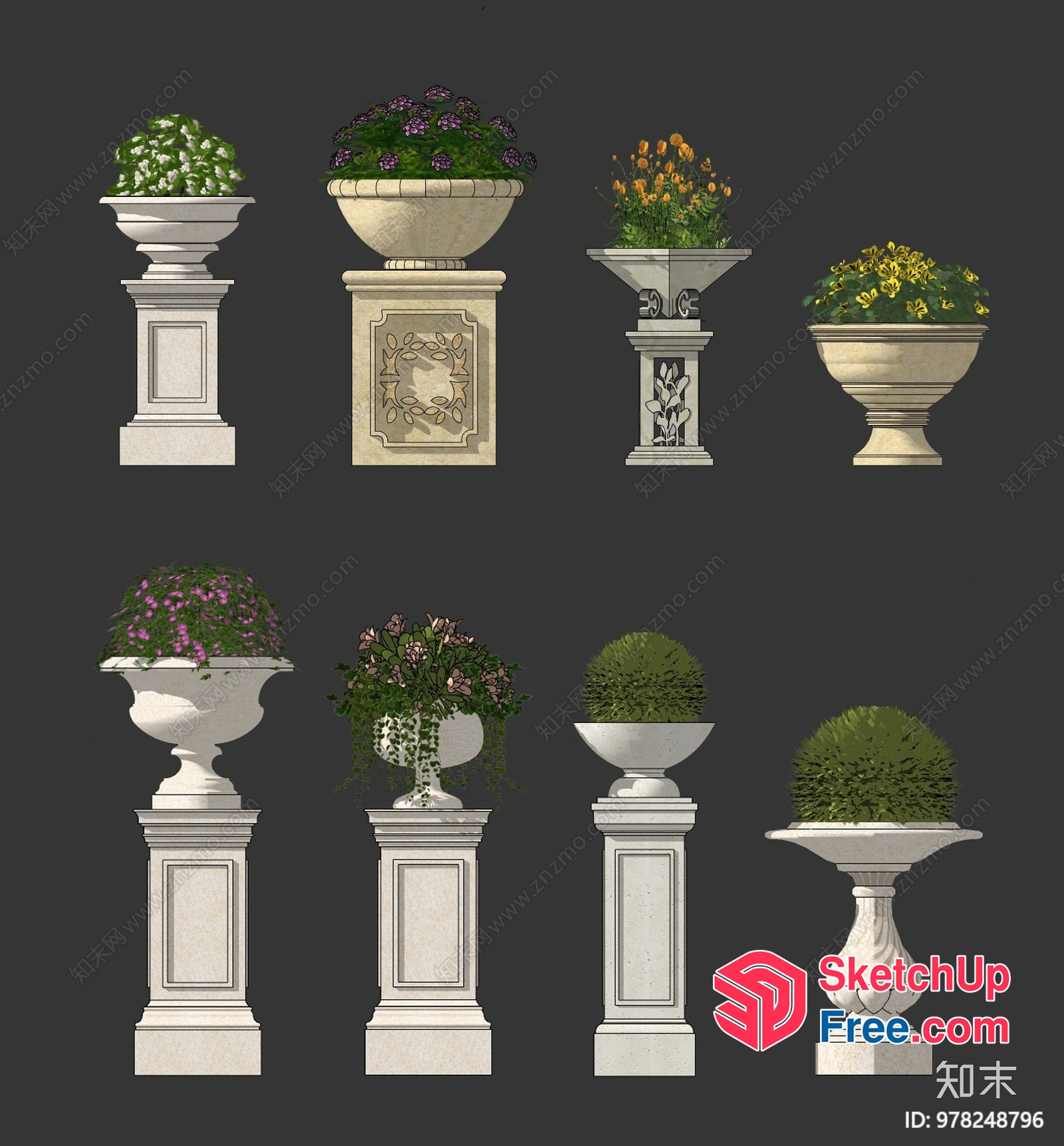 Classical Pillars With Ornate Planters 3D SketchUp File