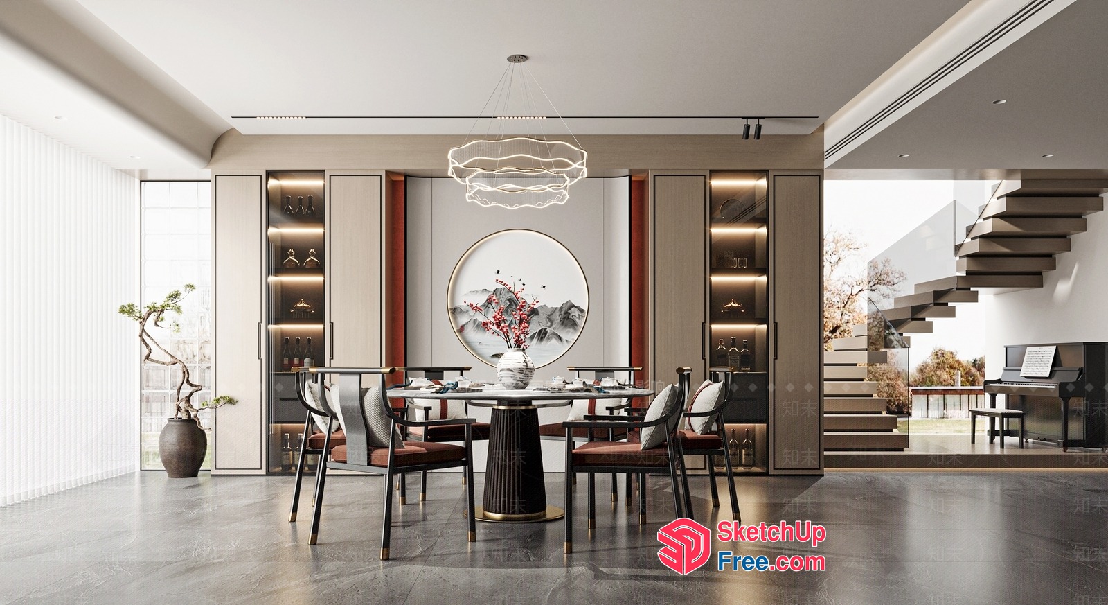 Modern Asian-Inspired Dining Room With Elegant Lighting 3D SketchUp File