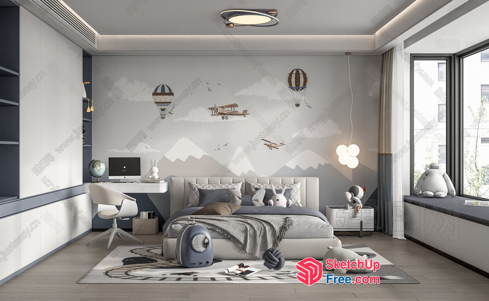 Stylish Minimalist Children'S Bedroom With Vintage Airplane Theme 3D SketchUp File