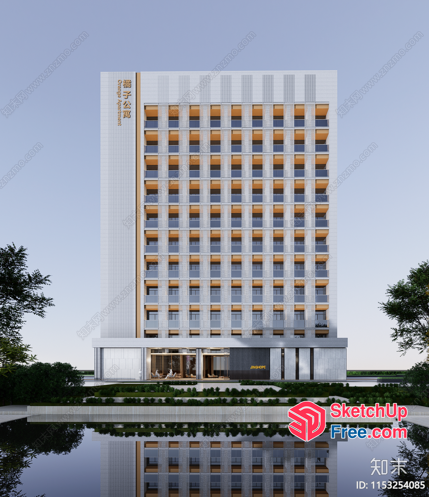 Modern Tall Building With Balconies And Reflection In Water 3D SketchUp File