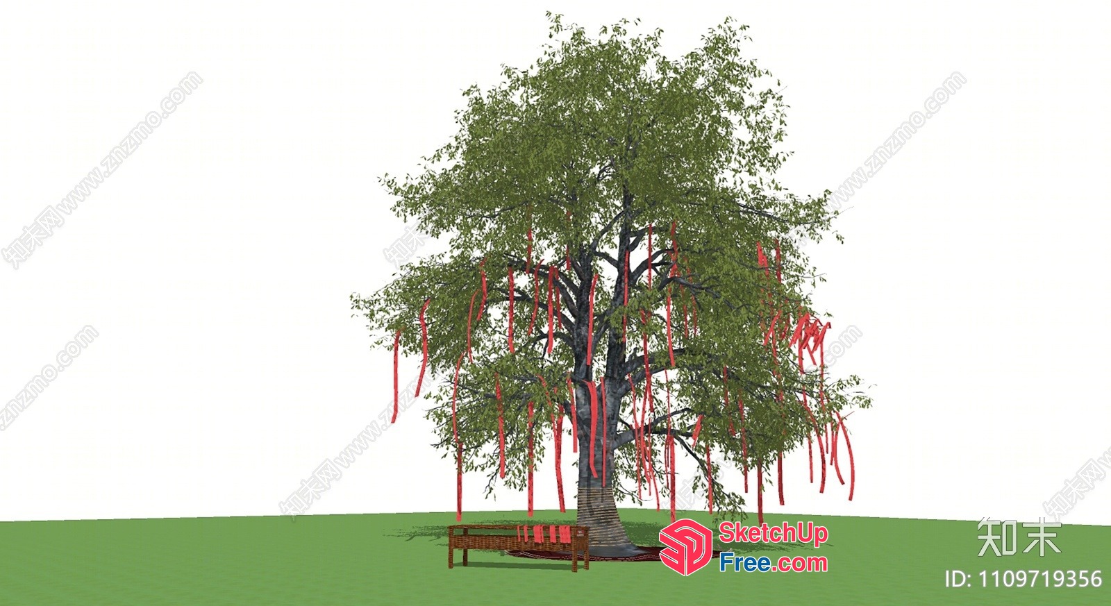 A Tree With Red Ribbons Hanging From Its Branches 3D SketchUp File