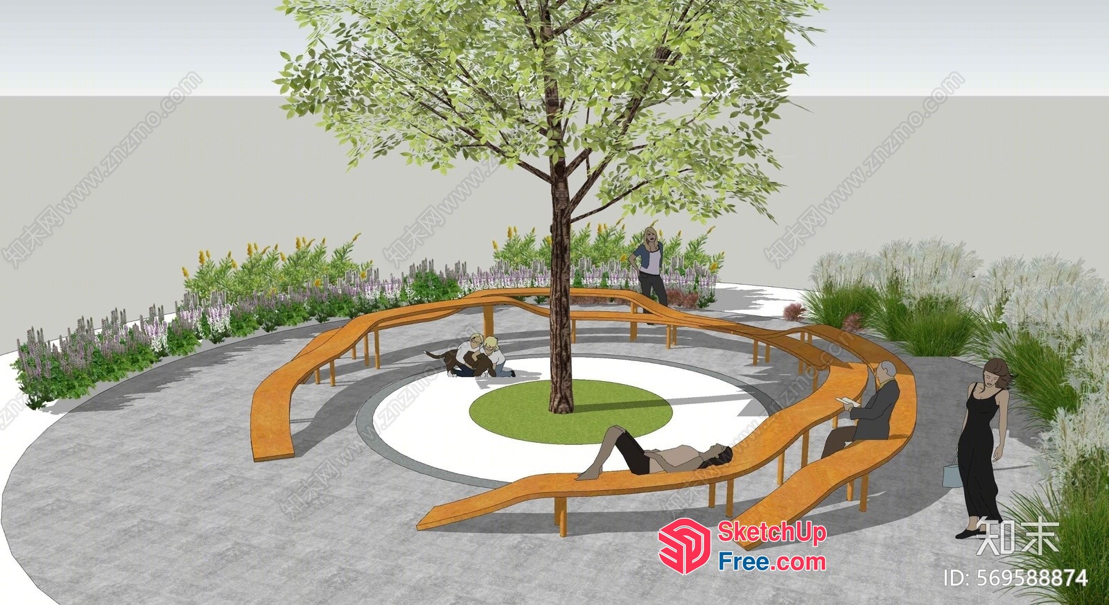 Serene Outdoor Seating Area With Tree And Railing 3D SketchUp File