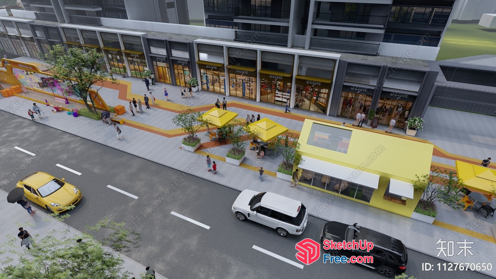 Commercial Street With Yellow And Orange Accents And Modern Buildings 3D SketchUp File