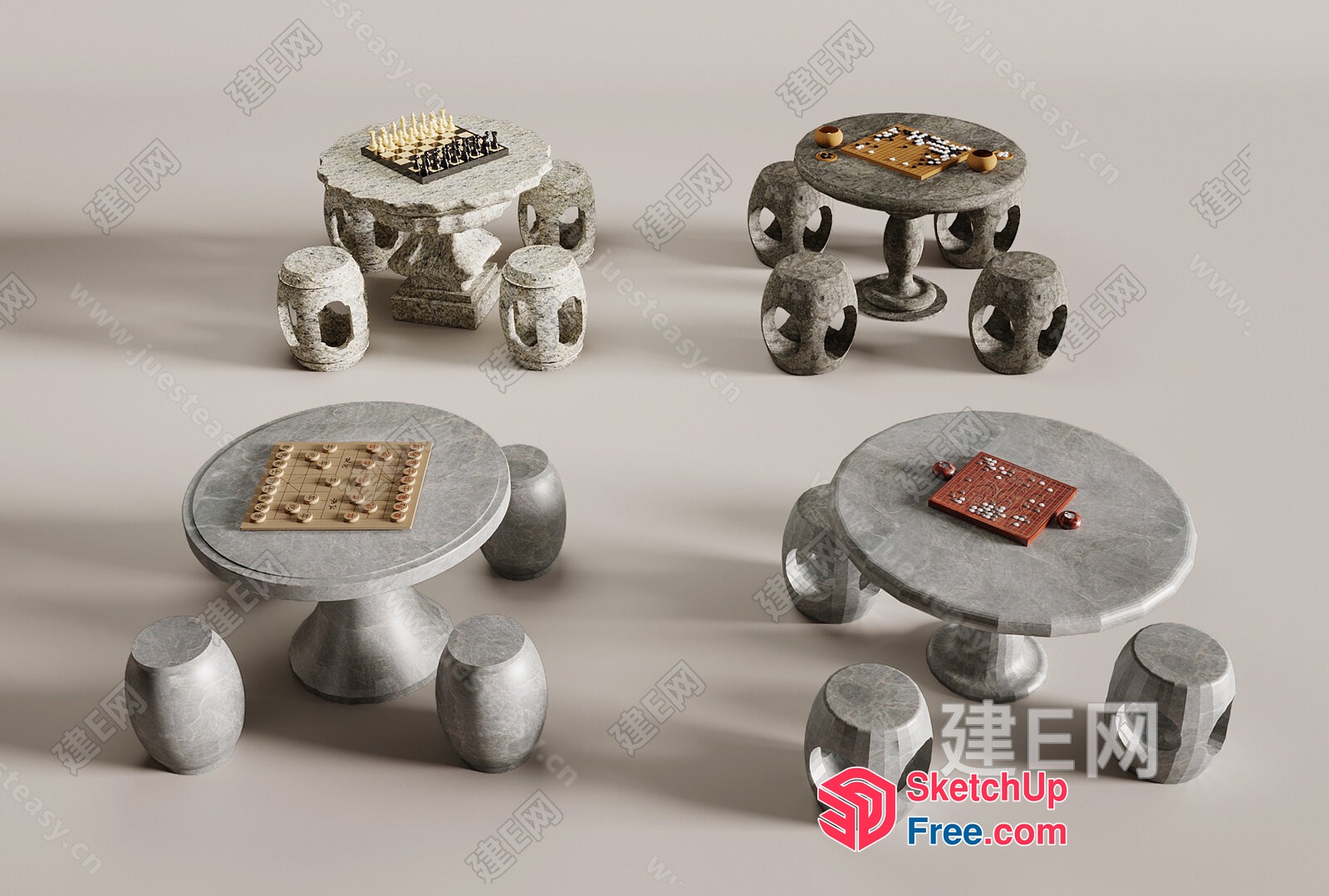 Stone Game Tables With Unique Stools 3D SketchUp File