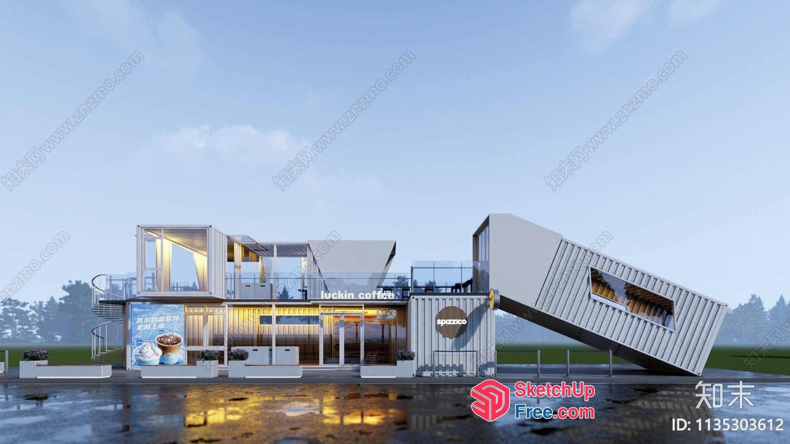 Modern Industrial Style Coffee Shop And Office Building 3D SketchUp File