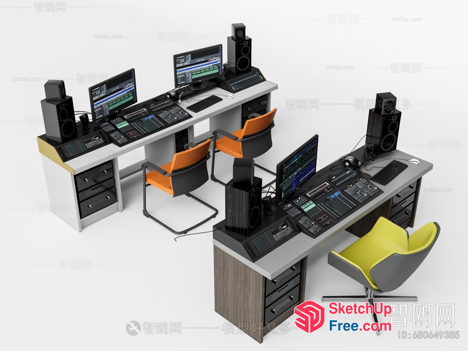 Computer Workstation Setup With Multiple Monitors And Speakers 3D SketchUp File
