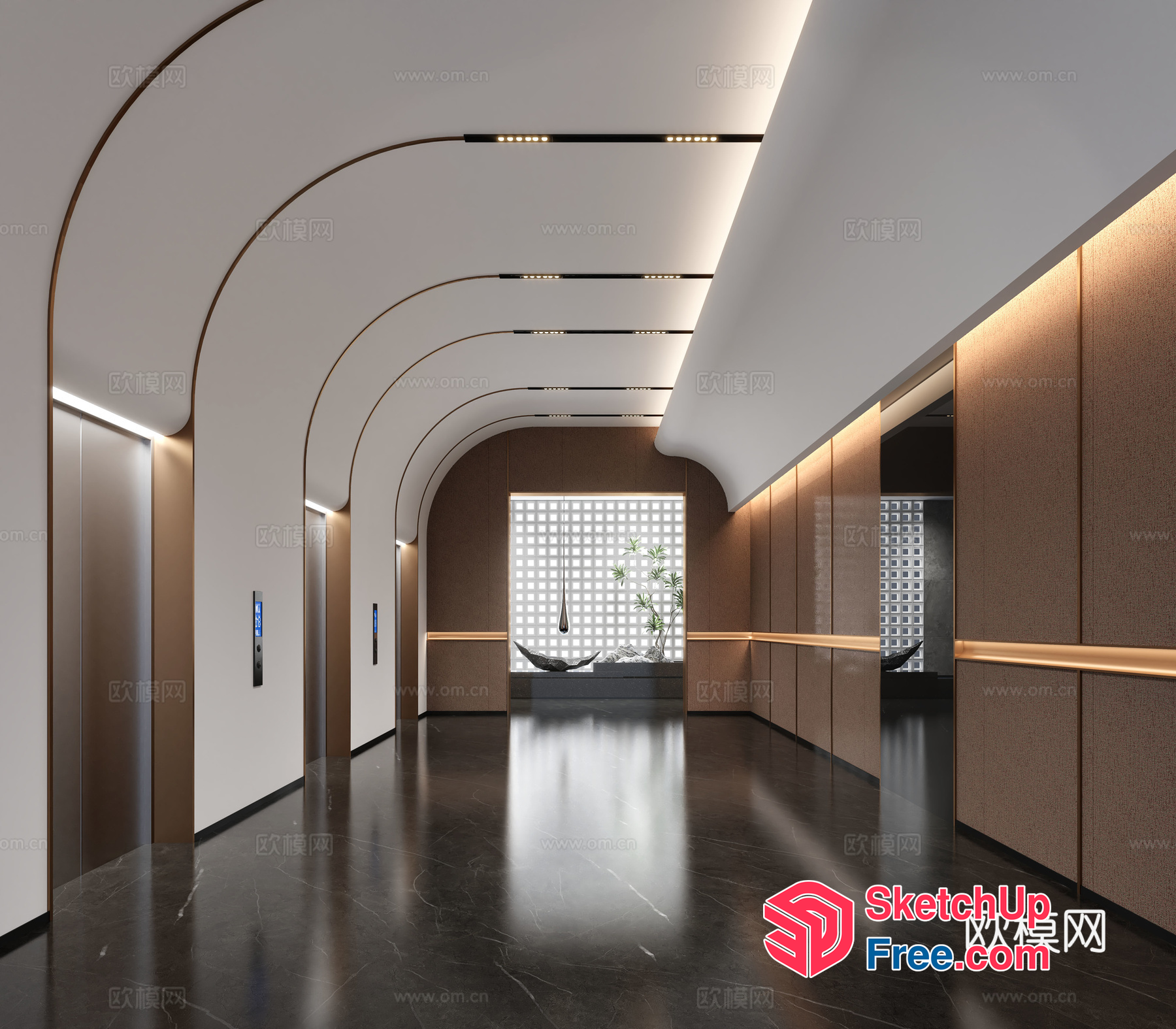 Modern Hallway With Elegant Lighting And Dark Marble Flooring 3D SketchUp File