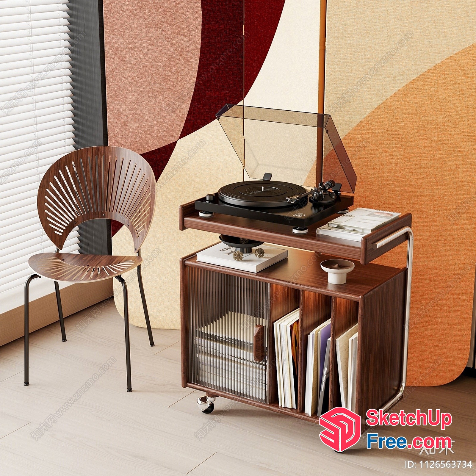 Modern Retro-Style Turntable And Vinyl Record Storage Unit 3D SketchUp File