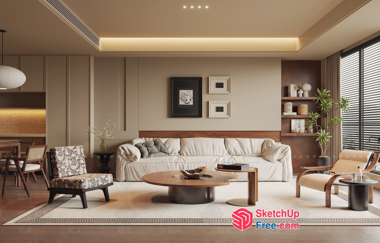 Modern Minimalist Living Room With Creamy Sofa And Accent Chairs 3D SketchUp File