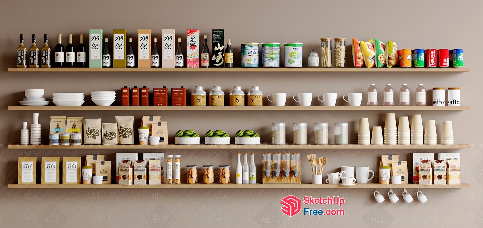 Modern Kitchen Pantry With Sleek Wooden Shelves And Decorative Items 3D SketchUp File